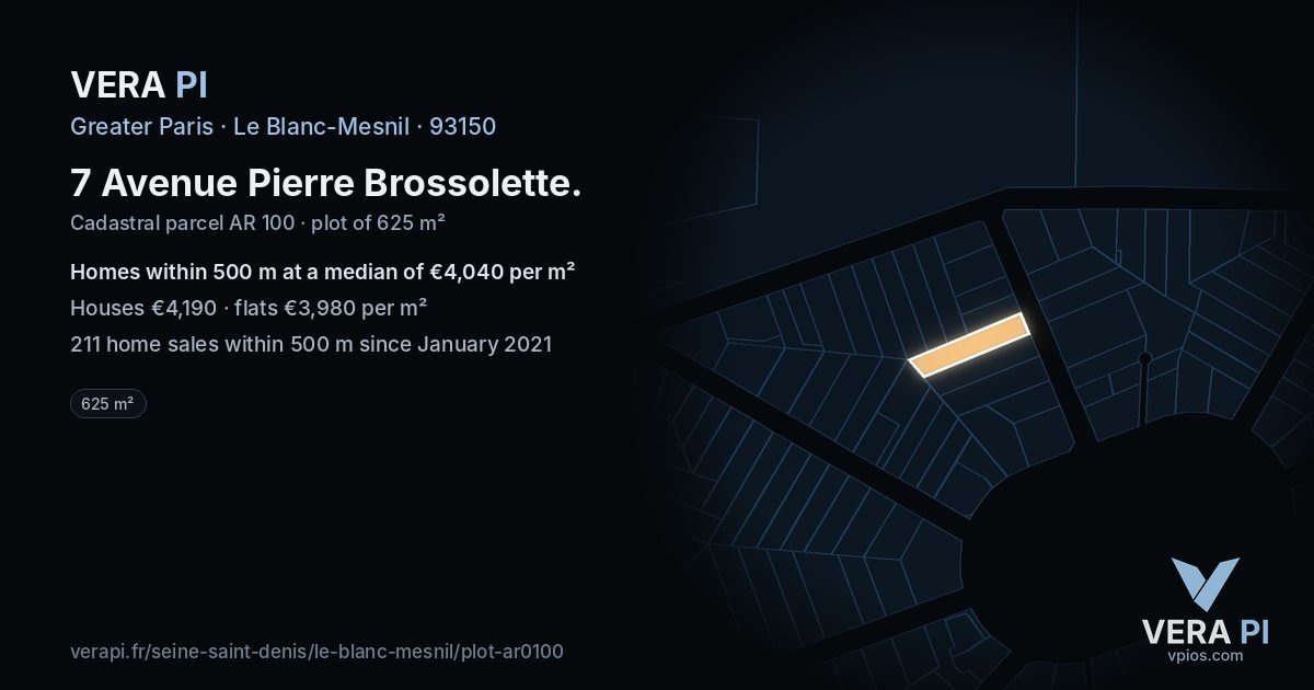 7 Avenue Pierre Brossolette, Le Blanc-Mesnil at night – the plot lit, the parcels around coloured by the prices near them