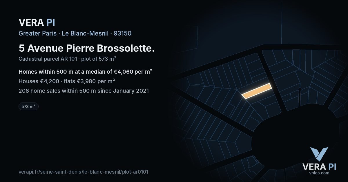 5 Avenue Pierre Brossolette, Le Blanc-Mesnil at night – the plot lit, the parcels around coloured by the prices near them