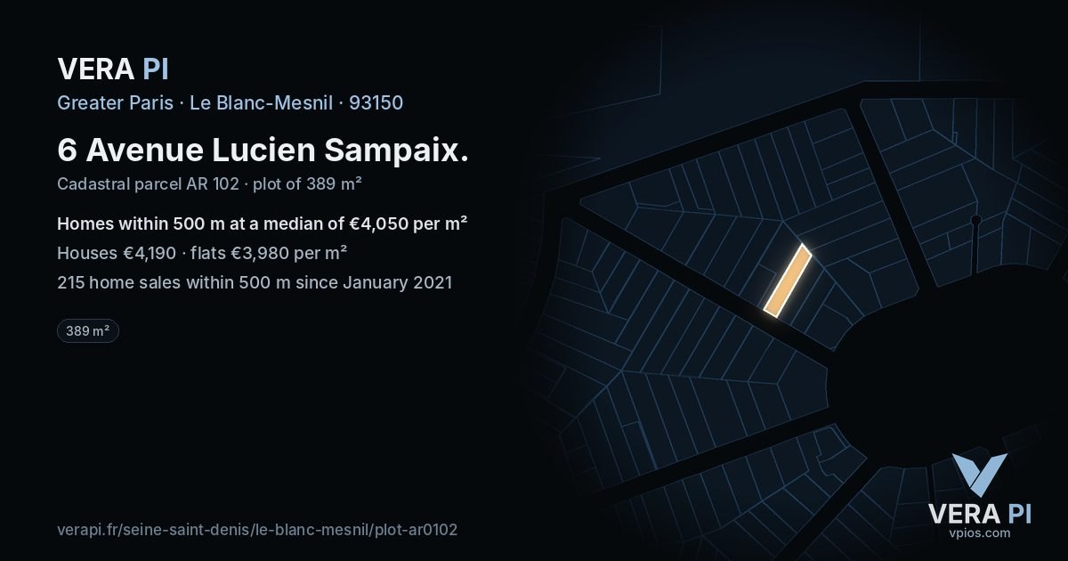 6 Avenue Lucien Sampaix, Le Blanc-Mesnil at night – the plot lit, the parcels around coloured by the prices near them