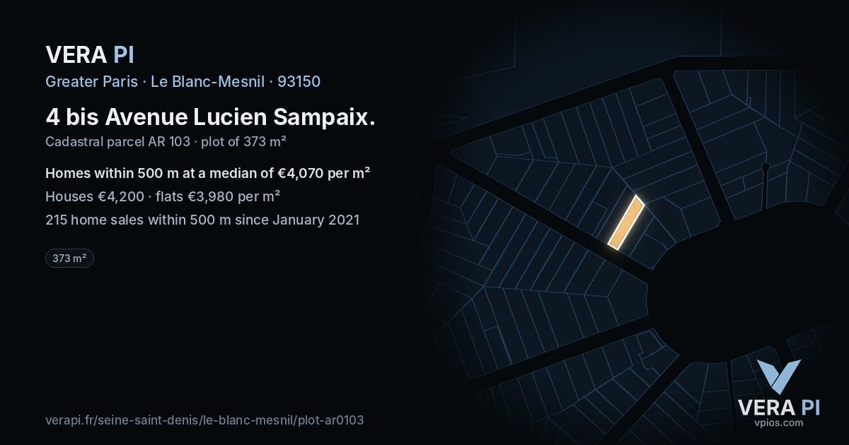 4 bis Avenue Lucien Sampaix, Le Blanc-Mesnil at night – the plot lit, the parcels around coloured by the prices near them