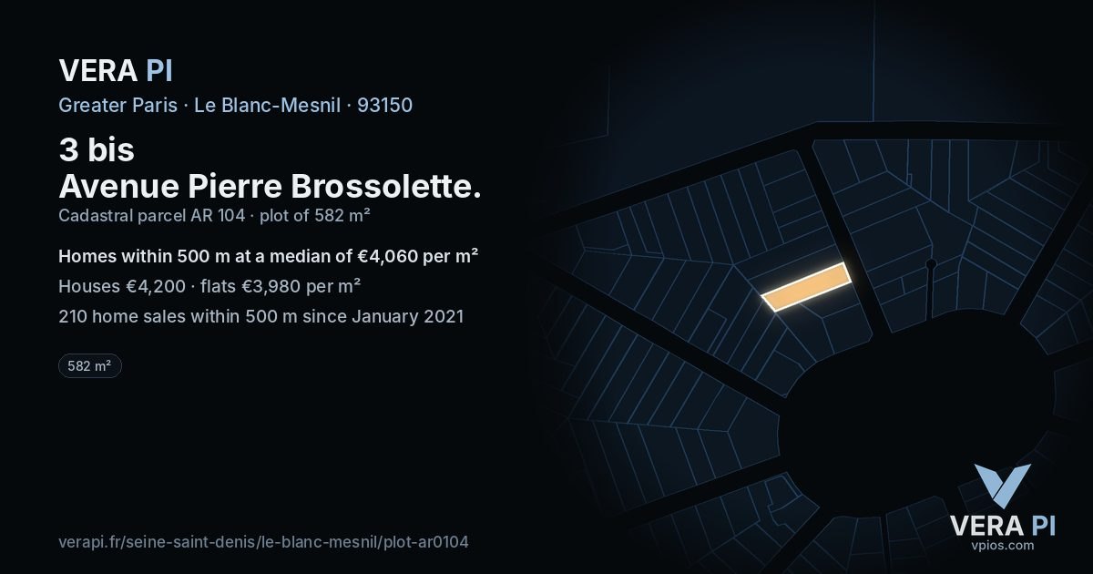 3 bis Avenue Pierre Brossolette, Le Blanc-Mesnil at night – the plot lit, the parcels around coloured by the prices near them