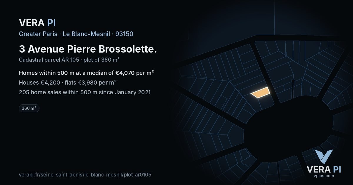 3 Avenue Pierre Brossolette, Le Blanc-Mesnil at night – the plot lit, the parcels around coloured by the prices near them