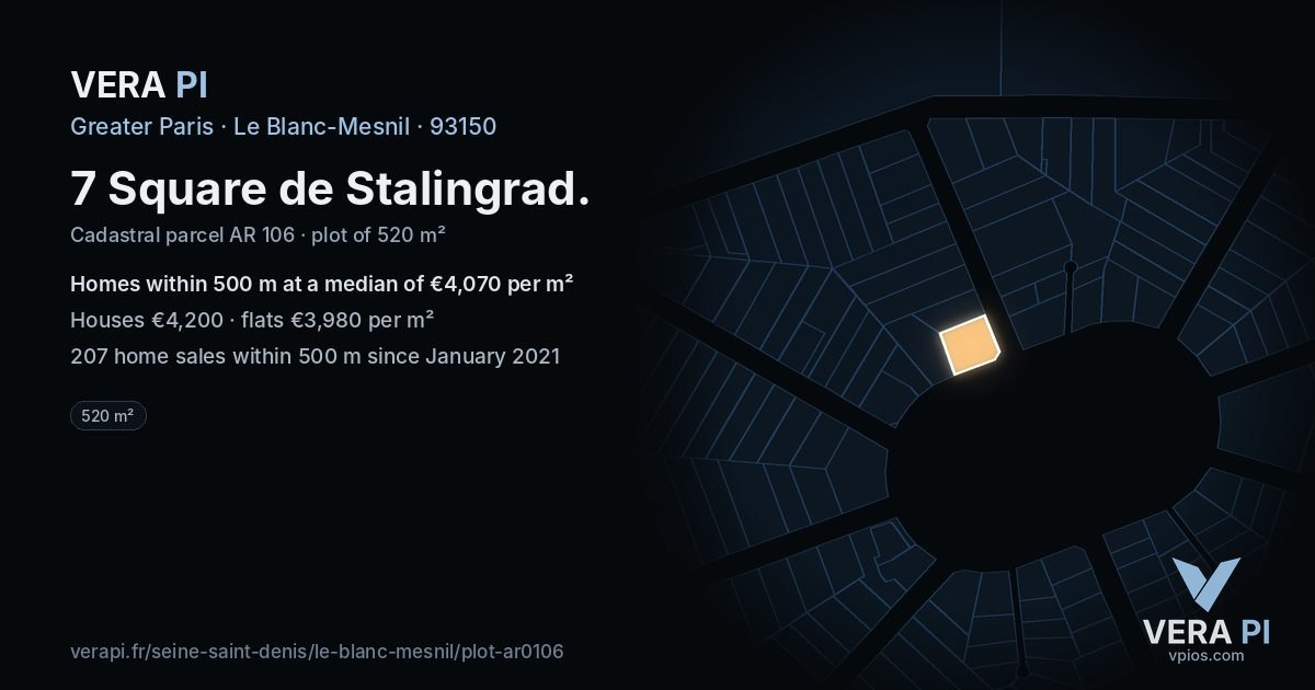 7 Square de Stalingrad, Le Blanc-Mesnil at night – the plot lit, the parcels around coloured by the prices near them
