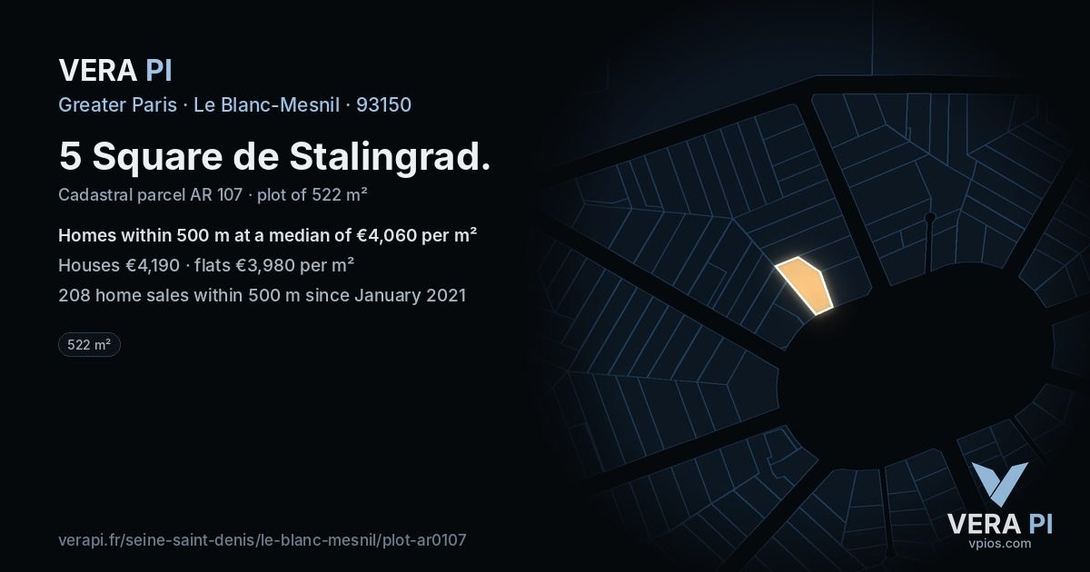 5 Square de Stalingrad, Le Blanc-Mesnil at night – the plot lit, the parcels around coloured by the prices near them