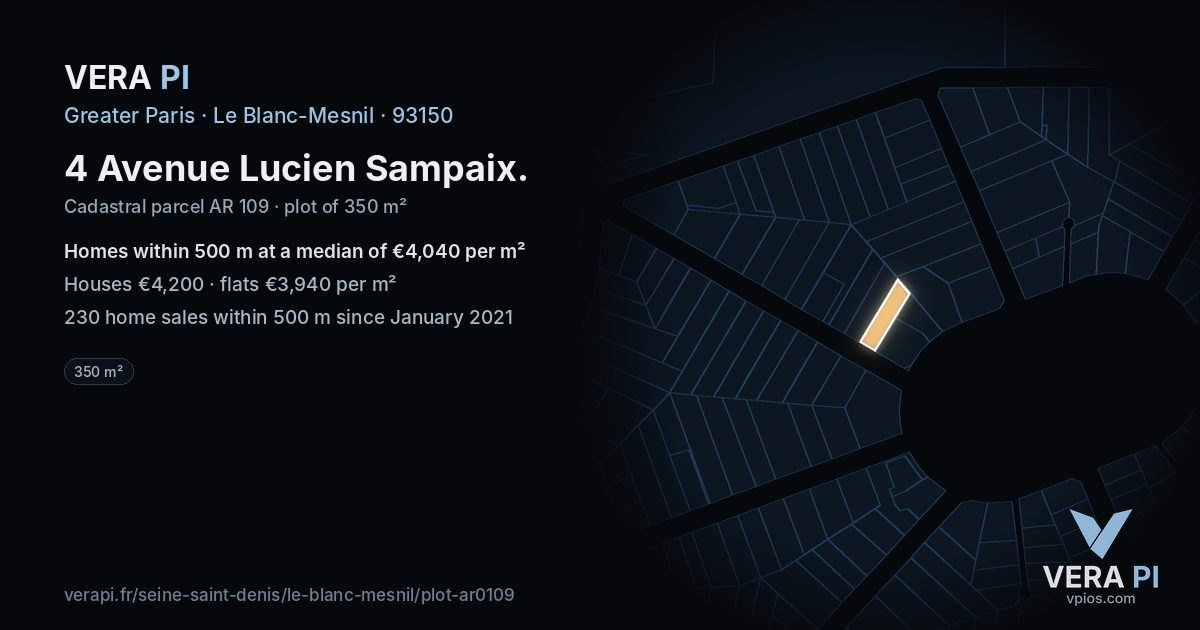 4 Avenue Lucien Sampaix, Le Blanc-Mesnil at night – the plot lit, the parcels around coloured by the prices near them