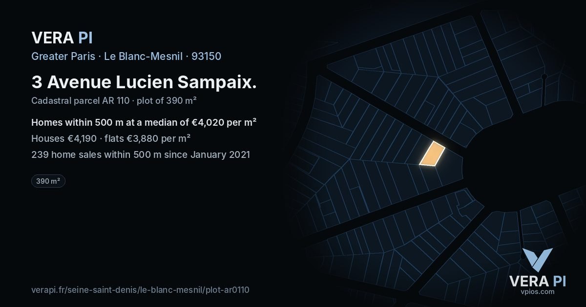 3 Avenue Lucien Sampaix, Le Blanc-Mesnil at night – the plot lit, the parcels around coloured by the prices near them