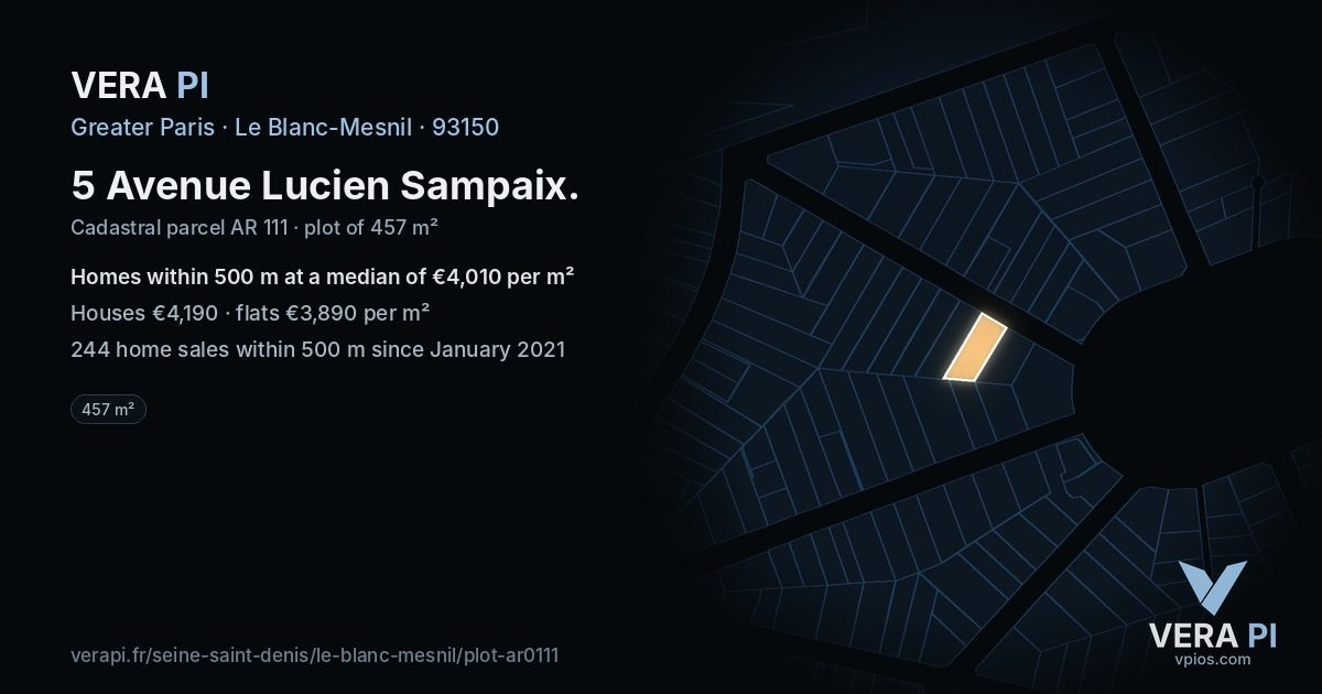 5 Avenue Lucien Sampaix, Le Blanc-Mesnil at night – the plot lit, the parcels around coloured by the prices near them