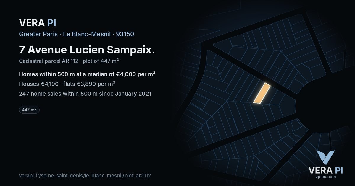 7 Avenue Lucien Sampaix, Le Blanc-Mesnil at night – the plot lit, the parcels around coloured by the prices near them