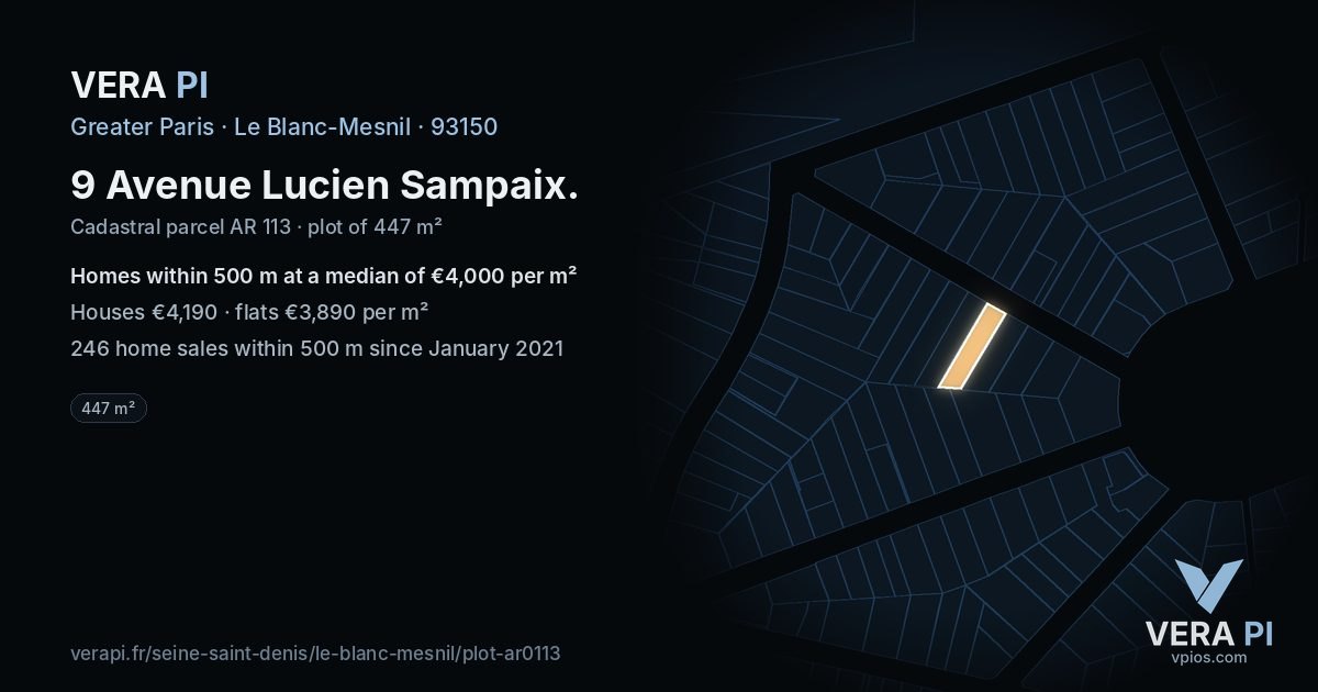 9 Avenue Lucien Sampaix, Le Blanc-Mesnil at night – the plot lit, the parcels around coloured by the prices near them