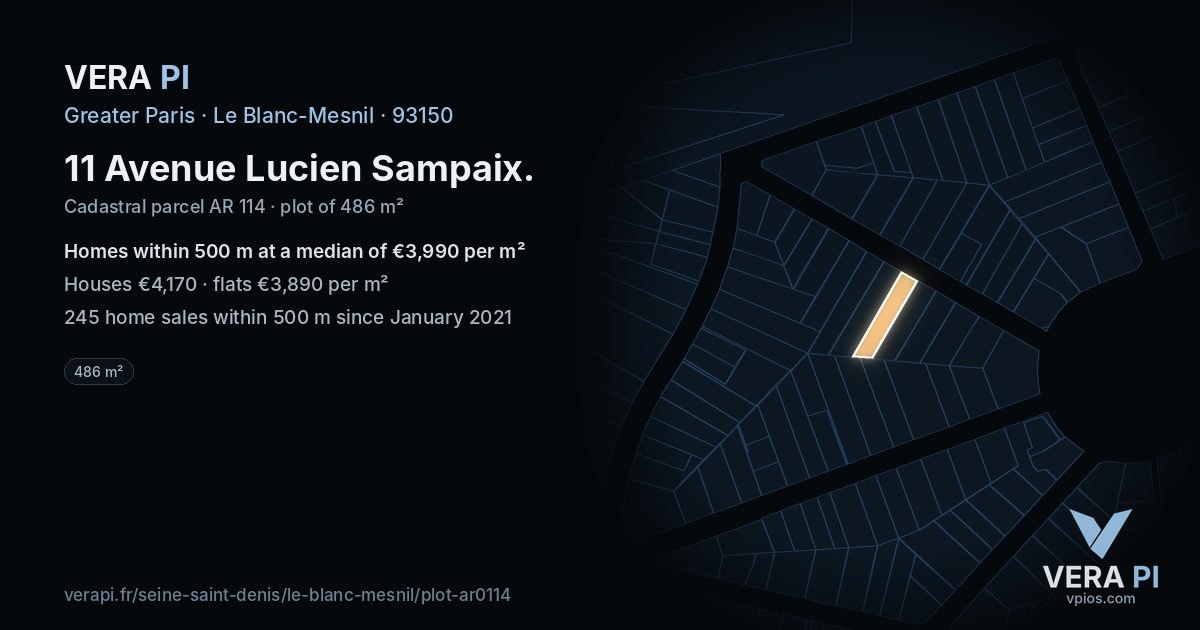 11 Avenue Lucien Sampaix, Le Blanc-Mesnil at night – the plot lit, the parcels around coloured by the prices near them