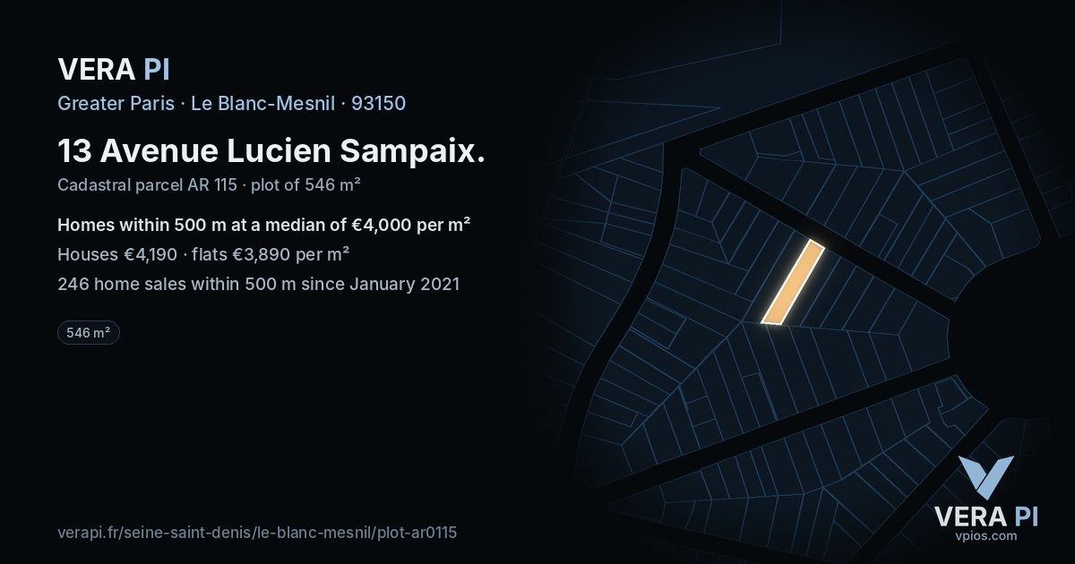 13 Avenue Lucien Sampaix, Le Blanc-Mesnil at night – the plot lit, the parcels around coloured by the prices near them