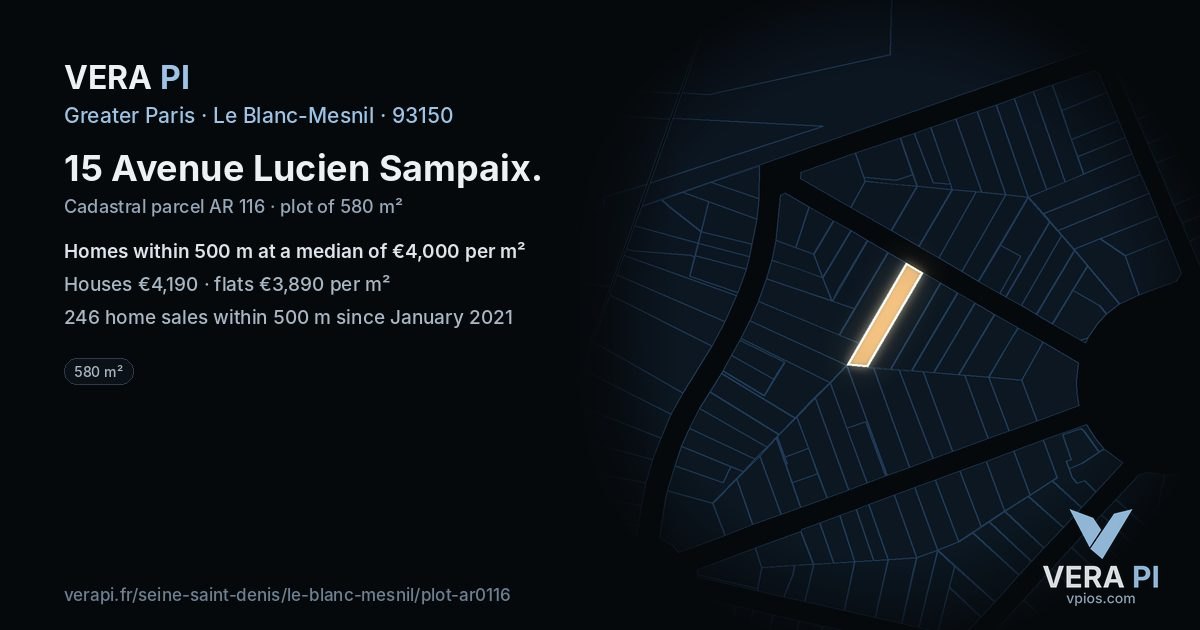 15 Avenue Lucien Sampaix, Le Blanc-Mesnil at night – the plot lit, the parcels around coloured by the prices near them