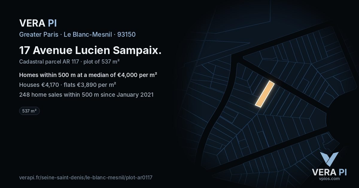 17 Avenue Lucien Sampaix, Le Blanc-Mesnil at night – the plot lit, the parcels around coloured by the prices near them