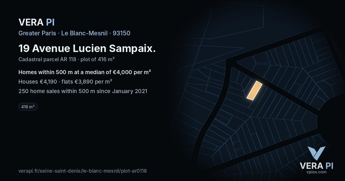 19 Avenue Lucien Sampaix, Le Blanc-Mesnil at night – the plot lit, the parcels around coloured by the prices near them