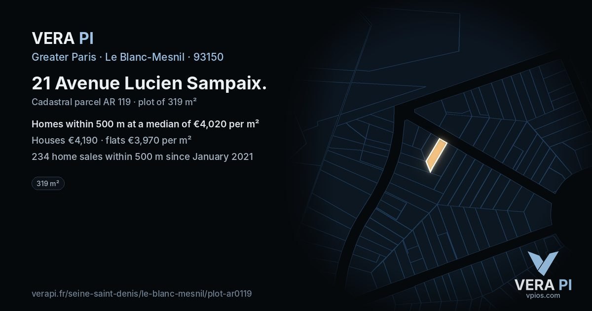 21 Avenue Lucien Sampaix, Le Blanc-Mesnil at night – the plot lit, the parcels around coloured by the prices near them