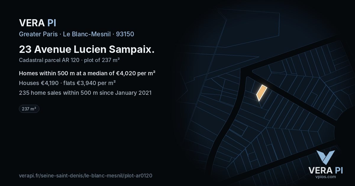 23 Avenue Lucien Sampaix, Le Blanc-Mesnil at night – the plot lit, the parcels around coloured by the prices near them