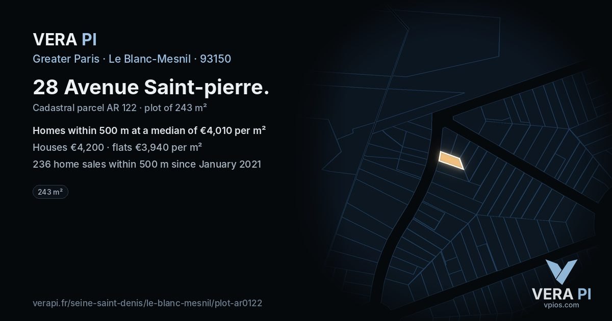 28 Avenue Saint-pierre, Le Blanc-Mesnil at night – the plot lit, the parcels around coloured by the prices near them