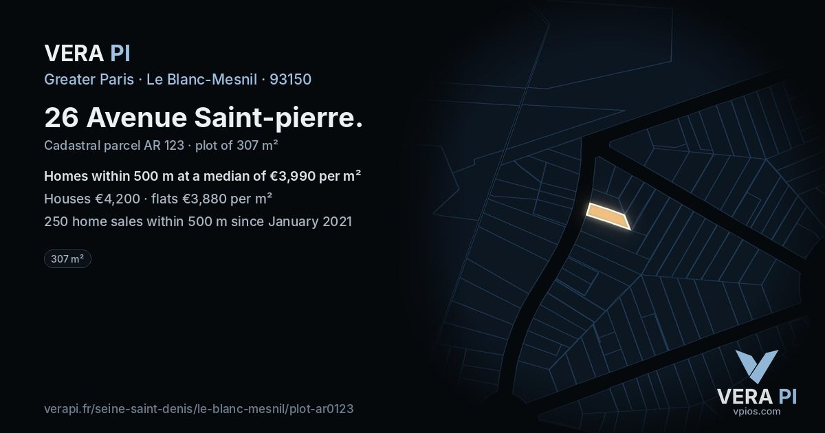 26 Avenue Saint-pierre, Le Blanc-Mesnil at night – the plot lit, the parcels around coloured by the prices near them
