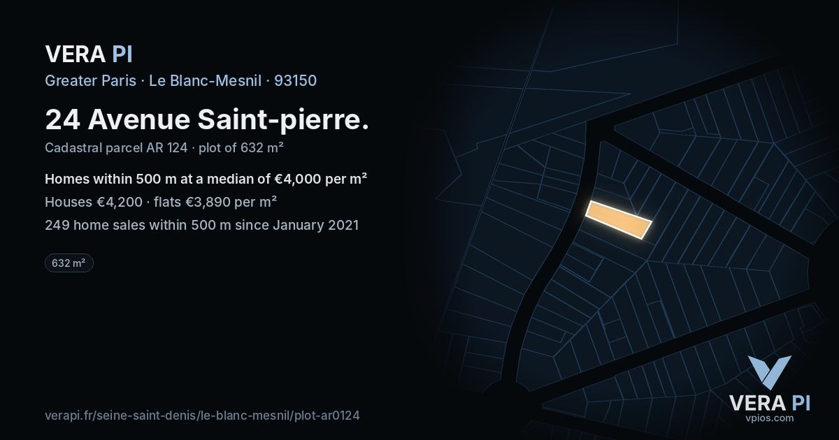 24 Avenue Saint-pierre, Le Blanc-Mesnil at night – the plot lit, the parcels around coloured by the prices near them