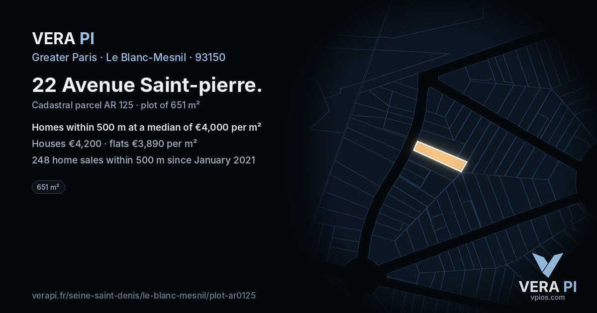 22 Avenue Saint-pierre, Le Blanc-Mesnil at night – the plot lit, the parcels around coloured by the prices near them