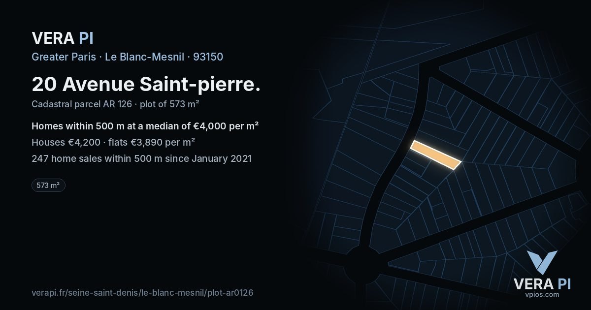 20 Avenue Saint-pierre, Le Blanc-Mesnil at night – the plot lit, the parcels around coloured by the prices near them