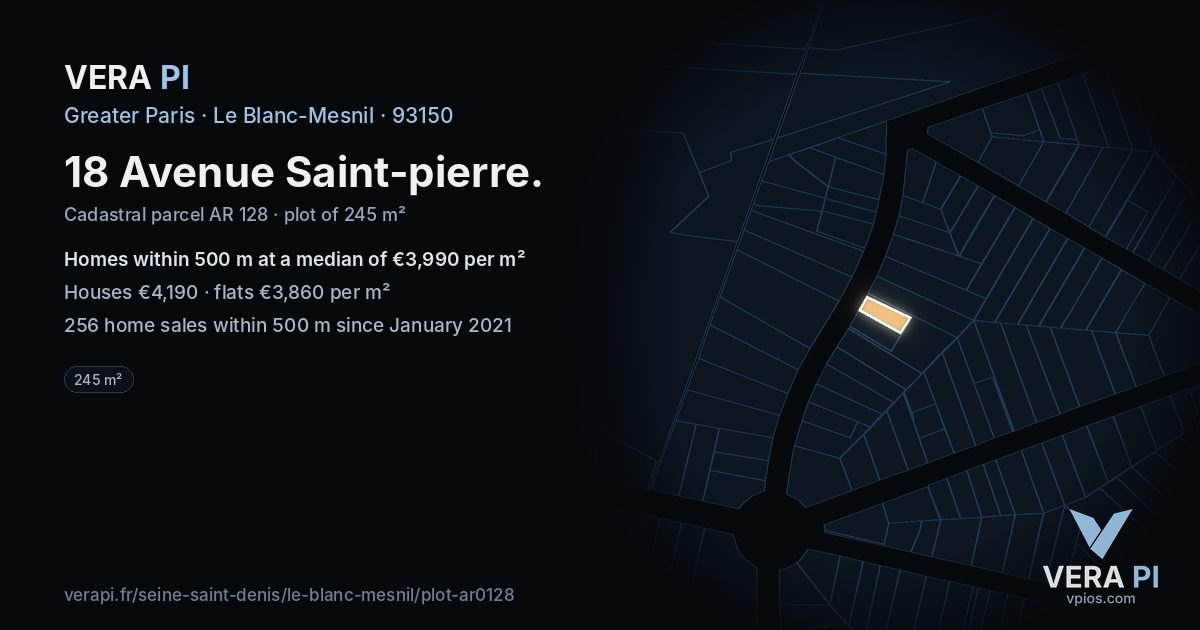 18 Avenue Saint-pierre, Le Blanc-Mesnil at night – the plot lit, the parcels around coloured by the prices near them