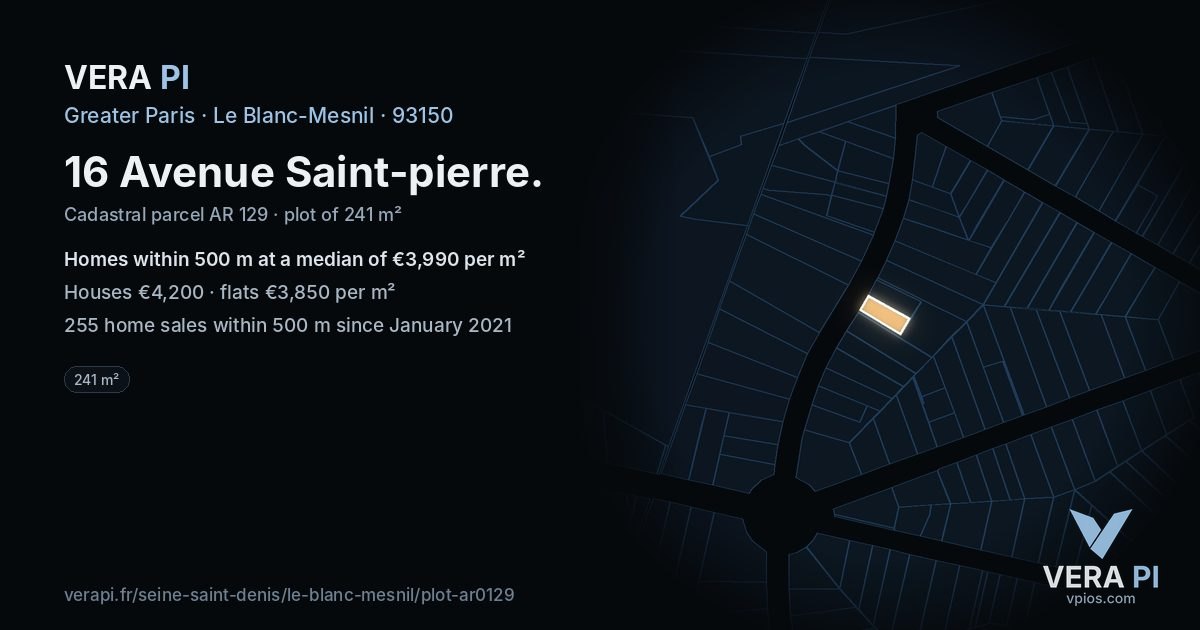 16 Avenue Saint-pierre, Le Blanc-Mesnil at night – the plot lit, the parcels around coloured by the prices near them