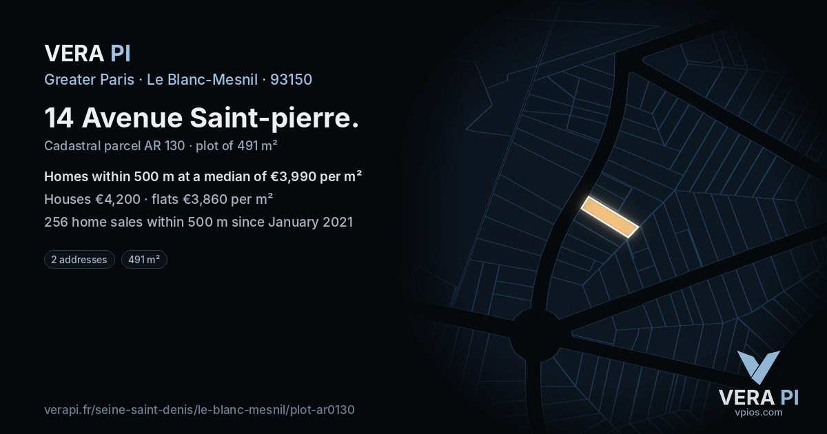 14 Avenue Saint-pierre, Le Blanc-Mesnil at night – the plot lit, the parcels around coloured by the prices near them