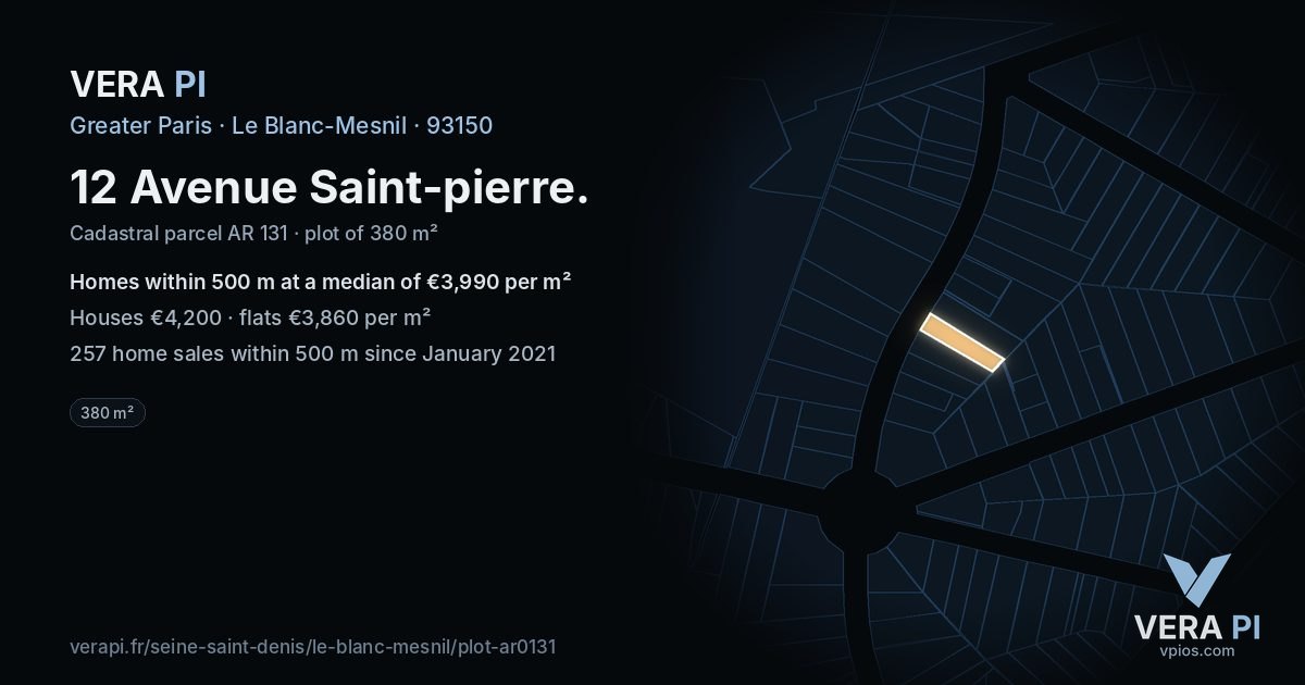 12 Avenue Saint-pierre, Le Blanc-Mesnil at night – the plot lit, the parcels around coloured by the prices near them