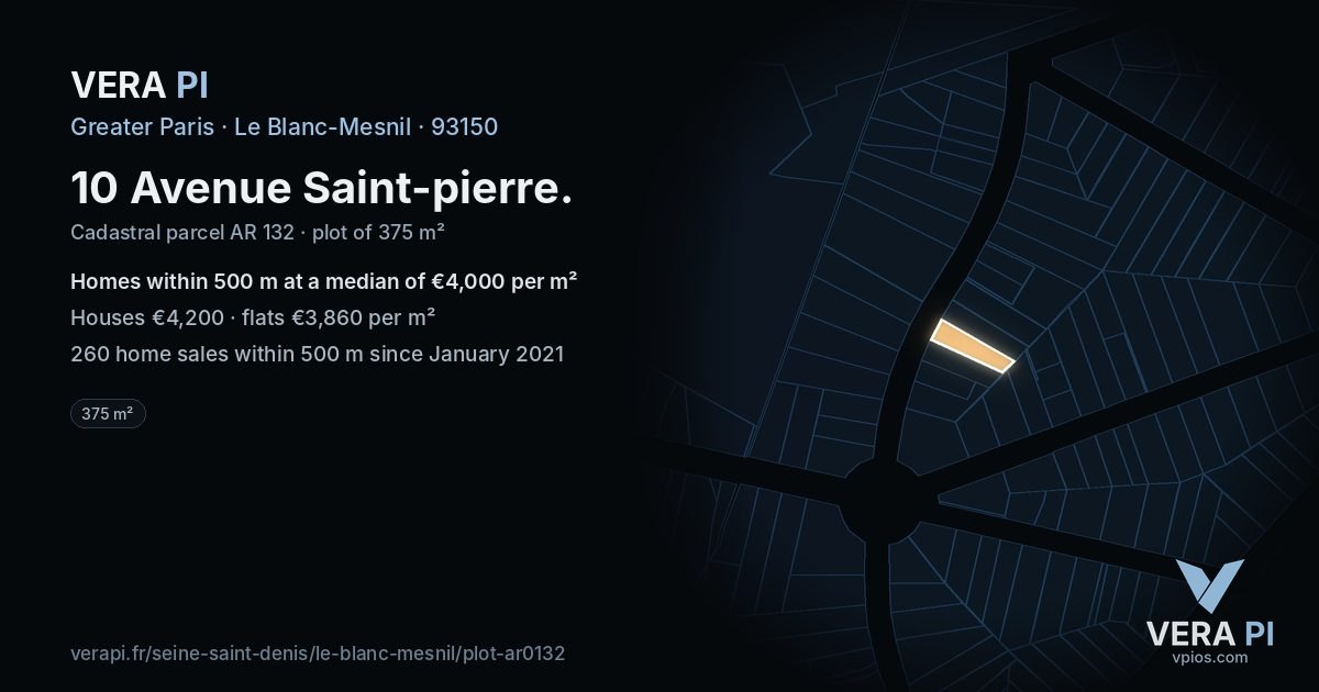 10 Avenue Saint-pierre, Le Blanc-Mesnil at night – the plot lit, the parcels around coloured by the prices near them