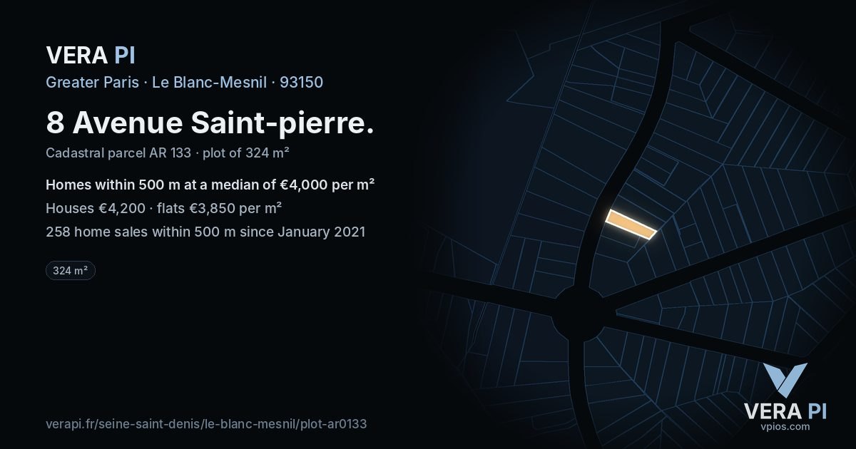 8 Avenue Saint-pierre, Le Blanc-Mesnil at night – the plot lit, the parcels around coloured by the prices near them