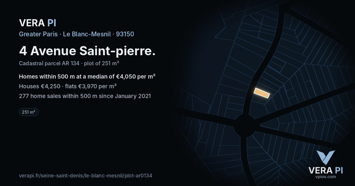 4 Avenue Saint-pierre, Le Blanc-Mesnil at night – the plot lit, the parcels around coloured by the prices near them