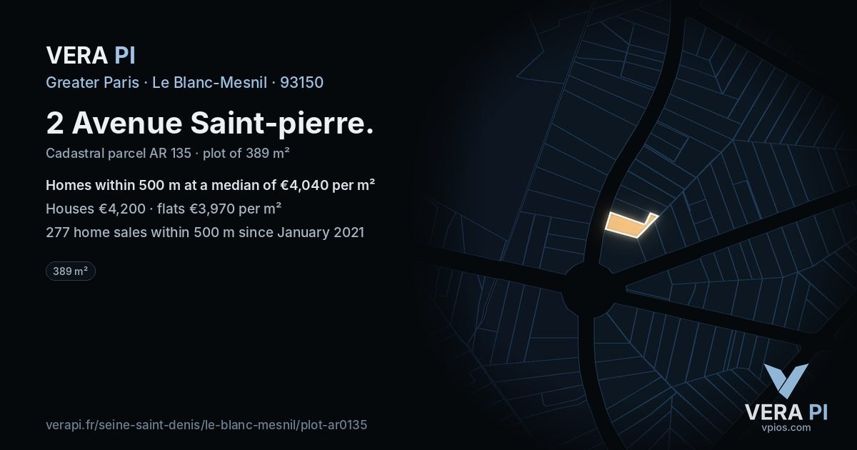 2 Avenue Saint-pierre, Le Blanc-Mesnil at night – the plot lit, the parcels around coloured by the prices near them