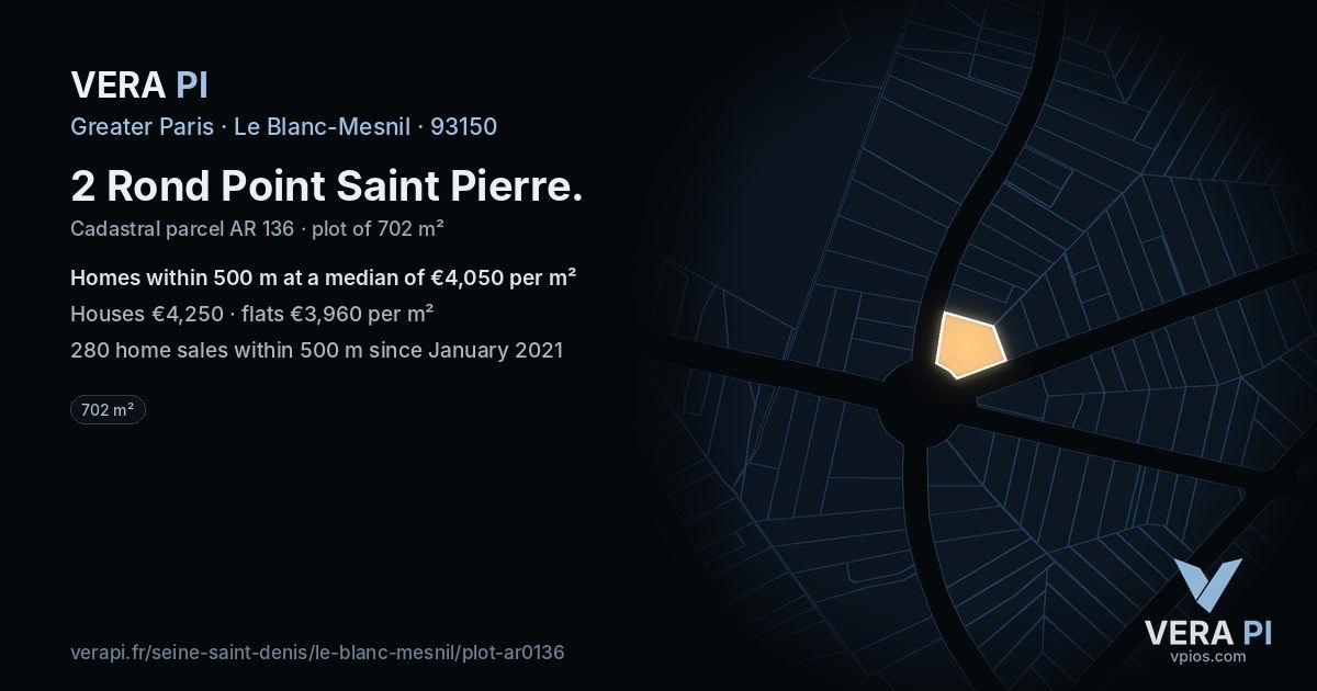 2 Rond Point Saint Pierre, Le Blanc-Mesnil at night – the plot lit, the parcels around coloured by the prices near them