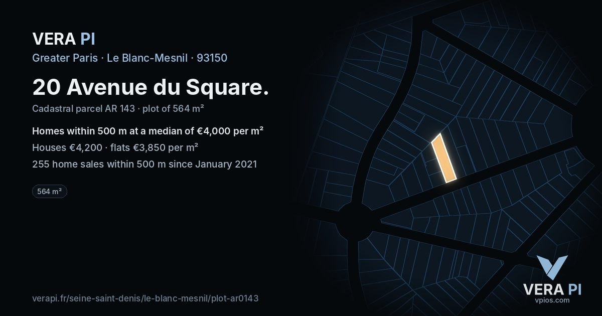 20 Avenue du Square, Le Blanc-Mesnil at night – the plot lit, the parcels around coloured by the prices near them