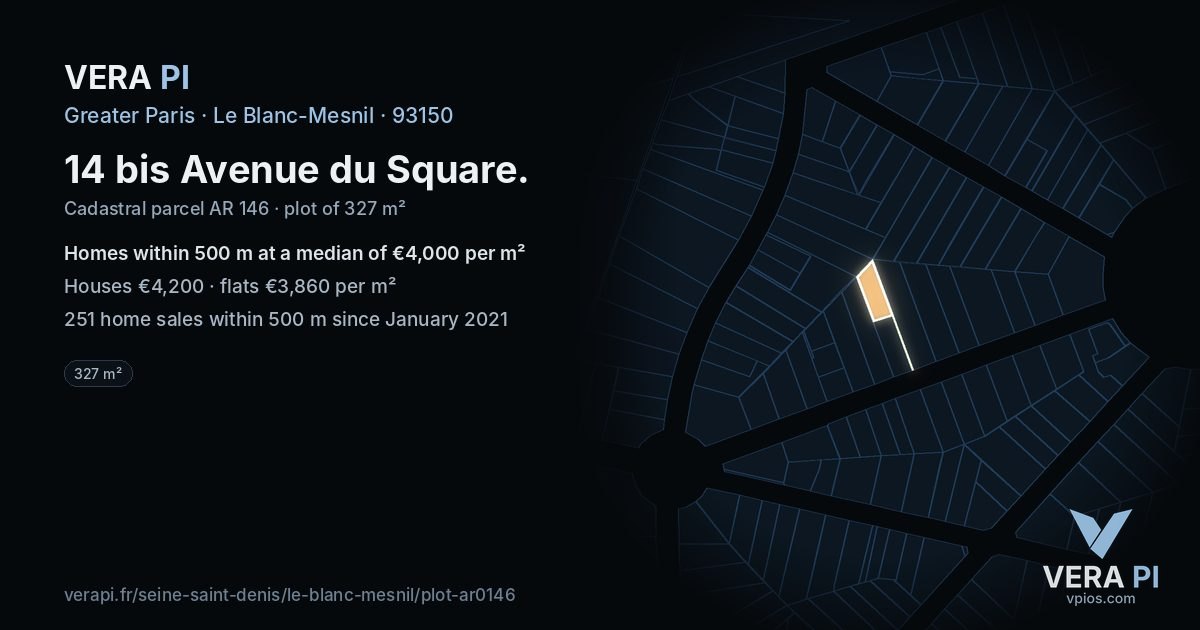 14 bis Avenue du Square, Le Blanc-Mesnil at night – the plot lit, the parcels around coloured by the prices near them