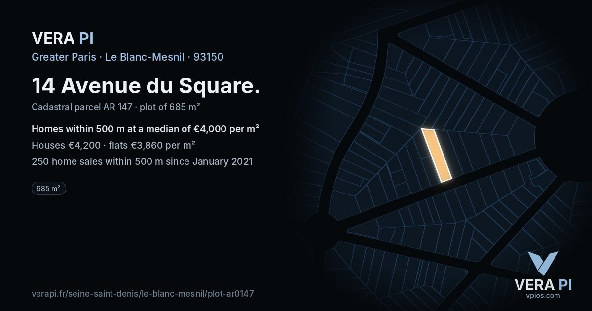 14 Avenue du Square, Le Blanc-Mesnil at night – the plot lit, the parcels around coloured by the prices near them