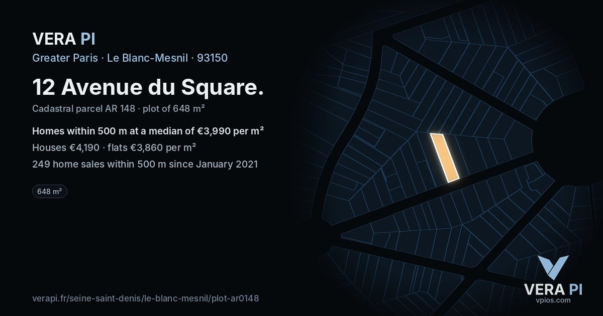 12 Avenue du Square, Le Blanc-Mesnil at night – the plot lit, the parcels around coloured by the prices near them