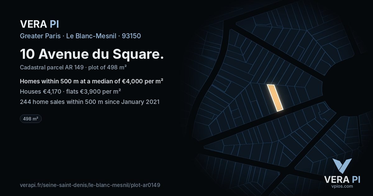 10 Avenue du Square, Le Blanc-Mesnil at night – the plot lit, the parcels around coloured by the prices near them