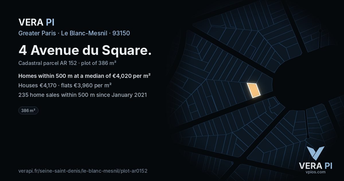 4 Avenue du Square, Le Blanc-Mesnil at night – the plot lit, the parcels around coloured by the prices near them