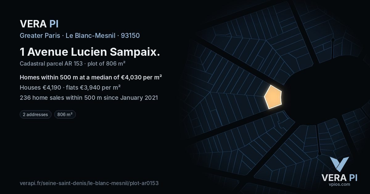 1 Avenue Lucien Sampaix, Le Blanc-Mesnil at night – the plot lit, the parcels around coloured by the prices near them