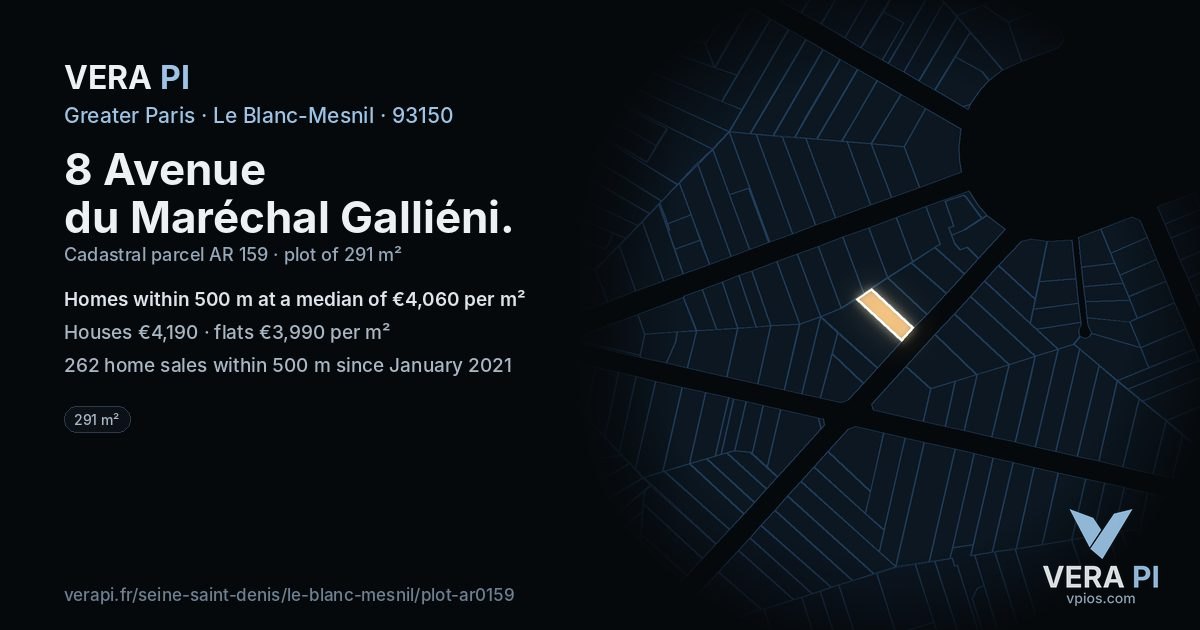 8 Avenue du Maréchal Galliéni, Le Blanc-Mesnil at night – the plot lit, the parcels around coloured by the prices near them