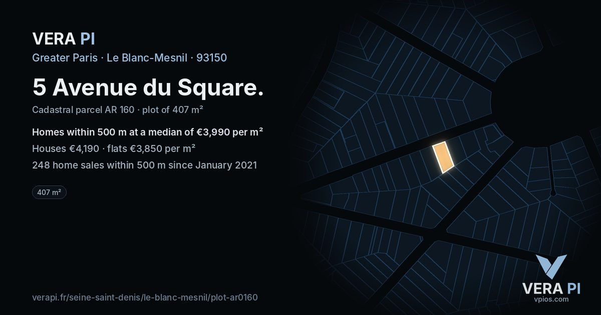 5 Avenue du Square, Le Blanc-Mesnil at night – the plot lit, the parcels around coloured by the prices near them