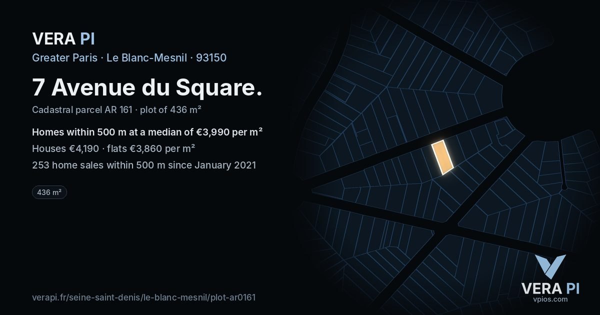 7 Avenue du Square, Le Blanc-Mesnil at night – the plot lit, the parcels around coloured by the prices near them