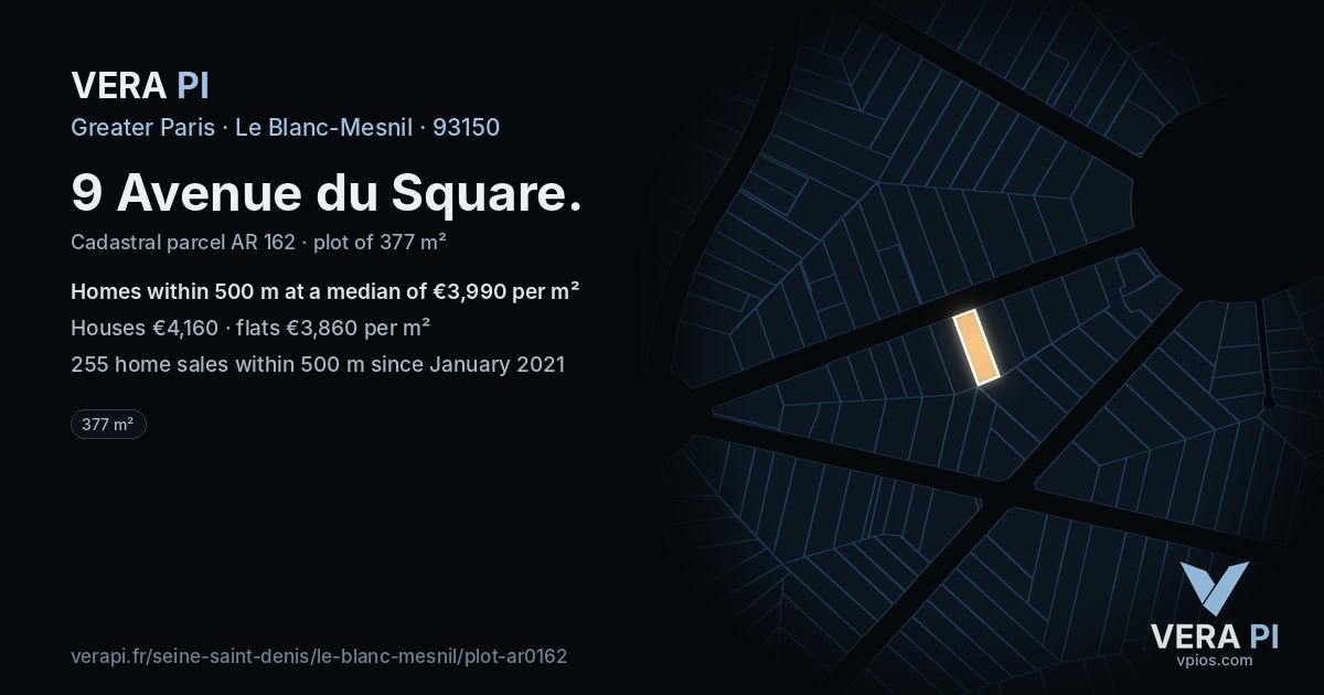 9 Avenue du Square, Le Blanc-Mesnil at night – the plot lit, the parcels around coloured by the prices near them