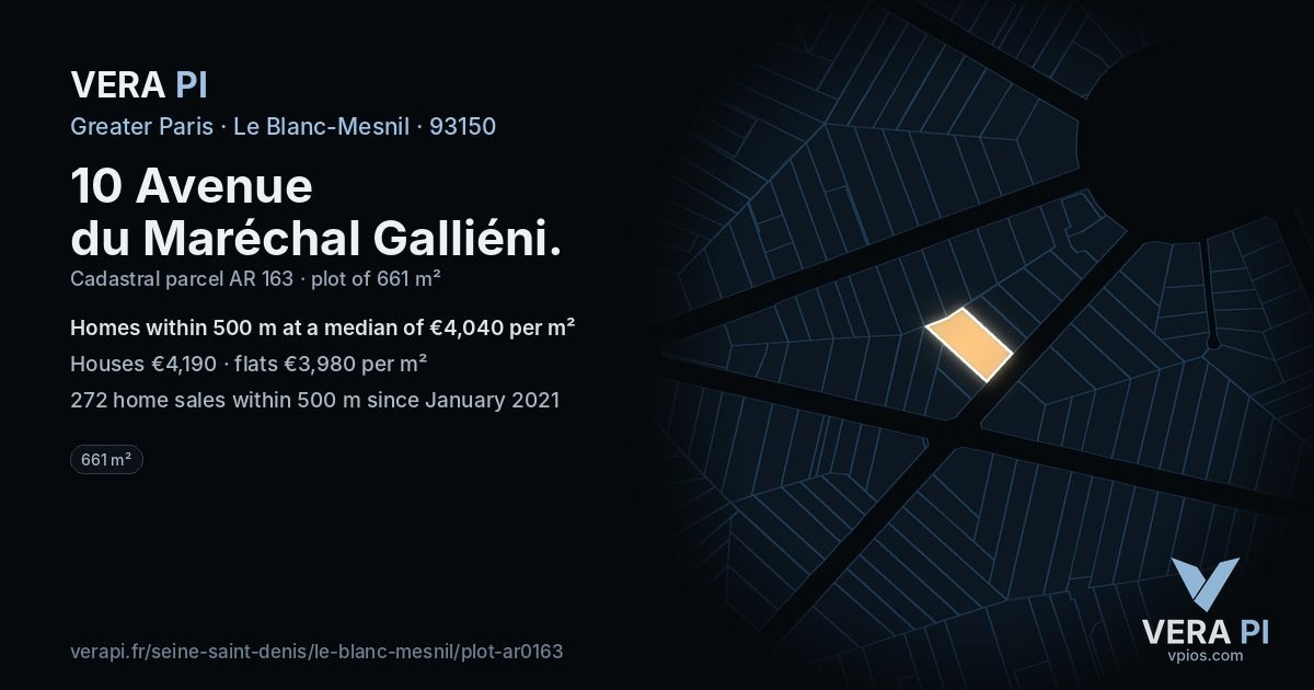 10 Avenue du Maréchal Galliéni, Le Blanc-Mesnil at night – the plot lit, the parcels around coloured by the prices near them