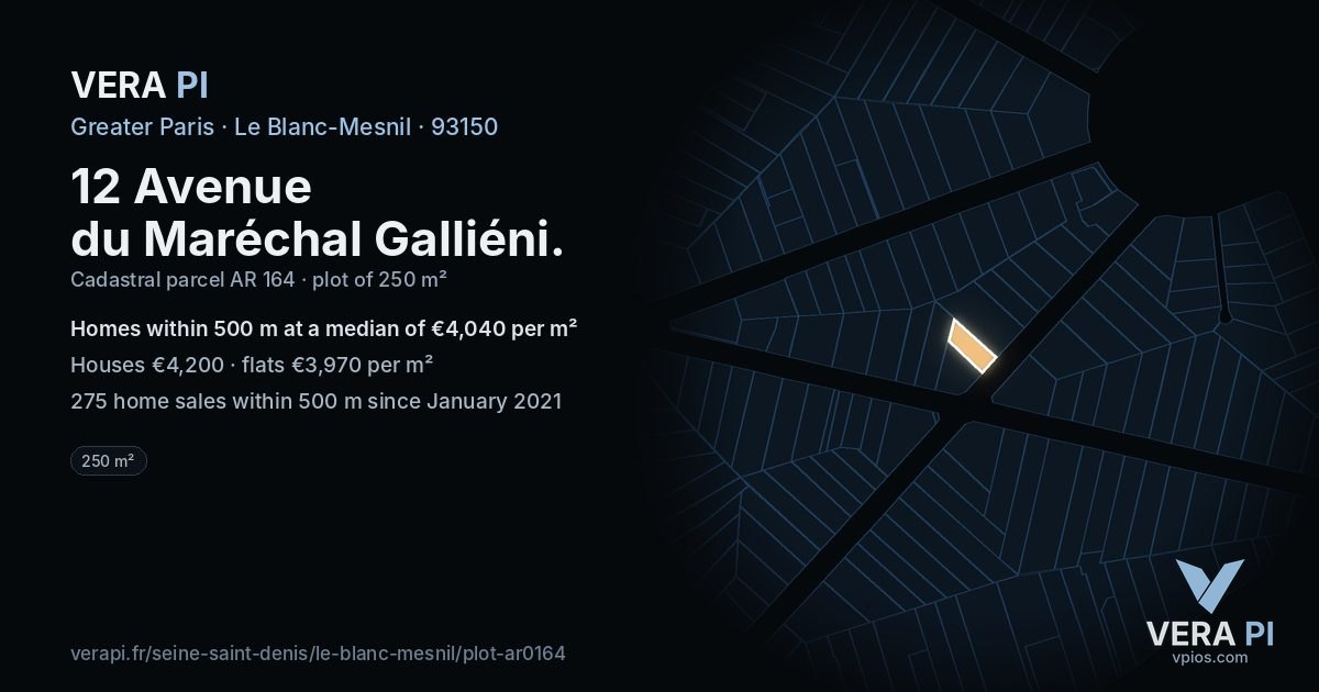 12 Avenue du Maréchal Galliéni, Le Blanc-Mesnil at night – the plot lit, the parcels around coloured by the prices near them