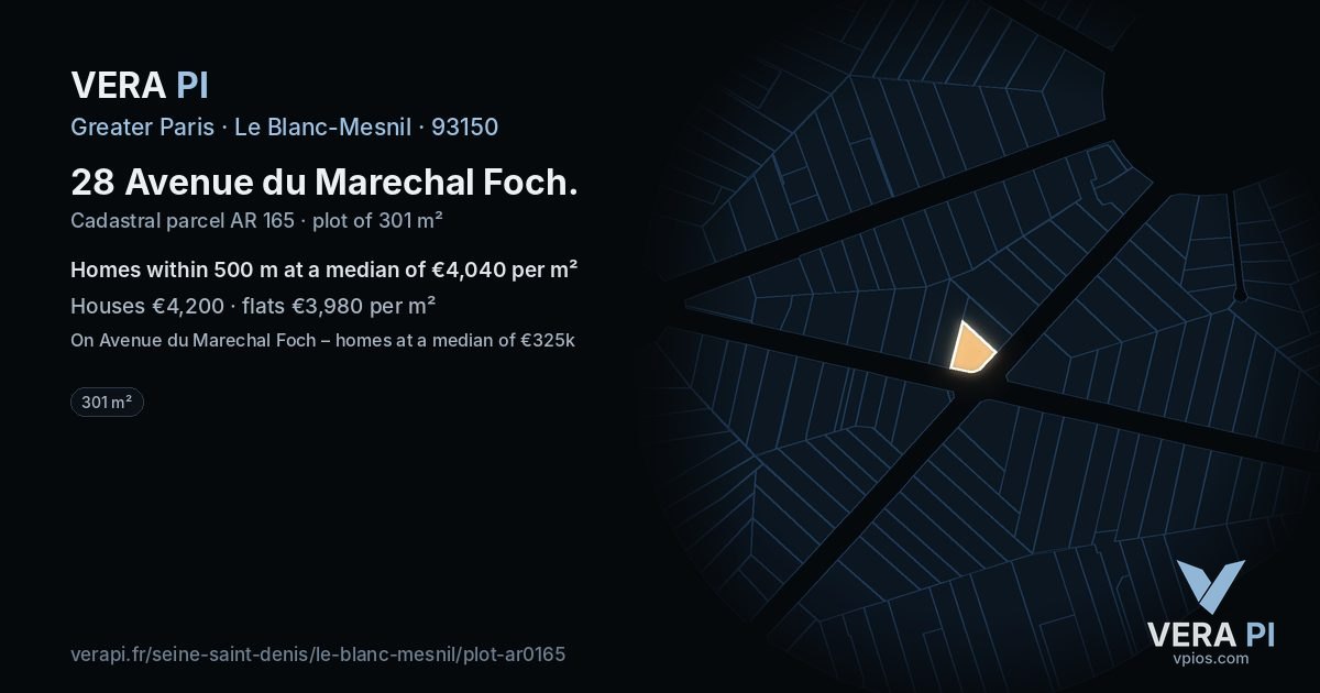 28 Avenue du Marechal Foch, Le Blanc-Mesnil at night – the plot lit, the parcels around coloured by the prices near them