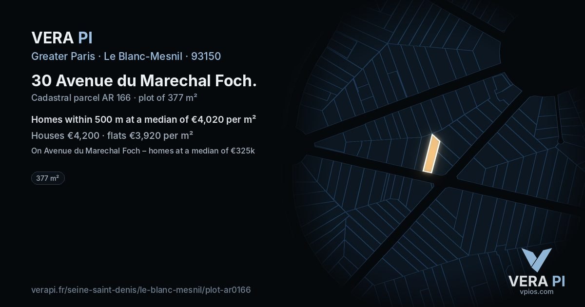 30 Avenue du Marechal Foch, Le Blanc-Mesnil at night – the plot lit, the parcels around coloured by the prices near them