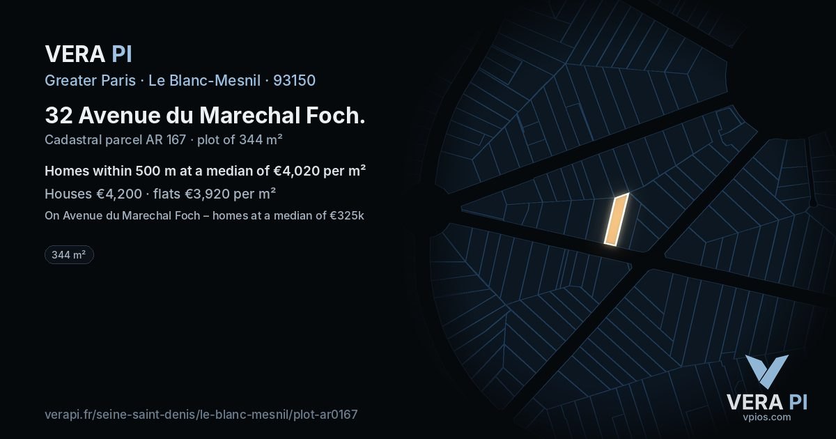 32 Avenue du Marechal Foch, Le Blanc-Mesnil at night – the plot lit, the parcels around coloured by the prices near them